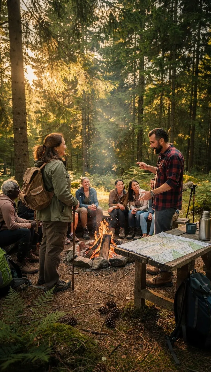 Ein gemütliches Holzhaus im Wald dient als Basislager für individuelle Naturimmersion und persönliche Beratung.